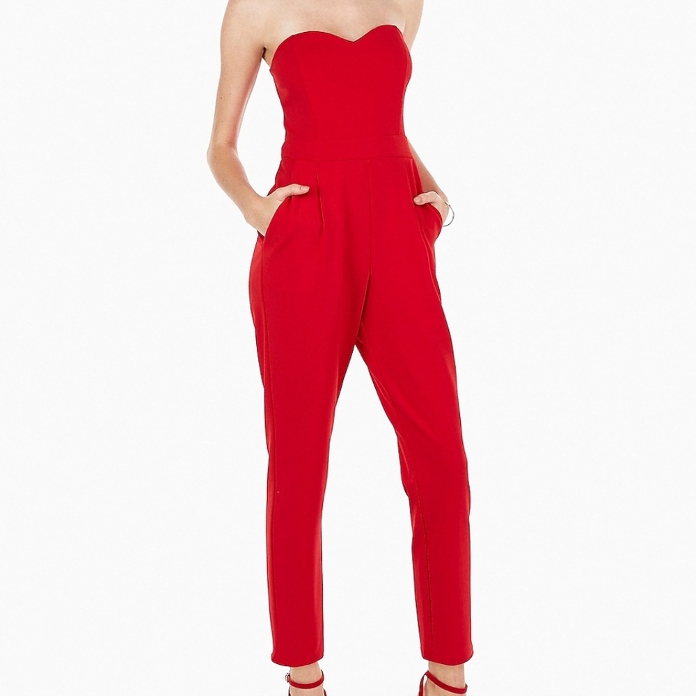 Express Strapless Sweetheart Neck Jumpsuit in Red